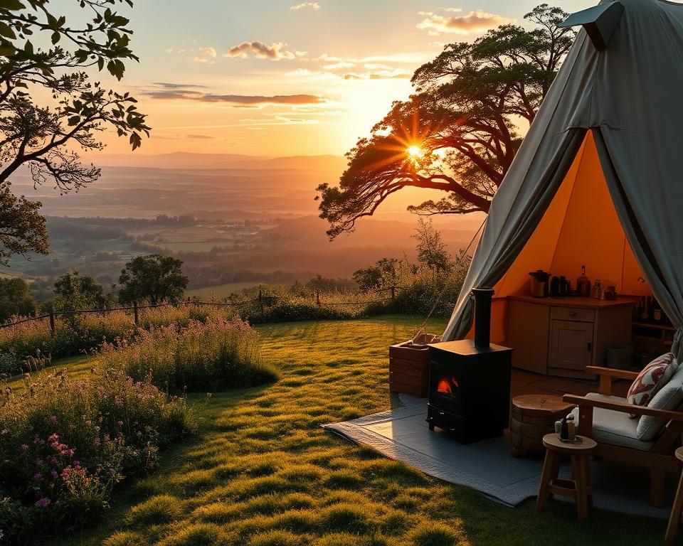 A picturesque glamping spot nestled in the lush, rolling hills of the British countryside. In the foreground, a cozy bell tent with a rustic wood-burning stove and plush furnishings beckons. Mid-ground, a well-appointed outdoor kitchen and dining area, surrounded by fragrant wildflowers and towering oaks. In the background, a panoramic view of the scenic landscape, with a golden sunset casting a warm glow over the scene. The entire setup is illuminated by soft, natural lighting, creating a serene and inviting atmosphere for the perfect glamping getaway. A picturesque glamping spot nestled in the lush, rolling hills of the British countryside. In the foreground, a cozy bell tent with a rustic wood-burning stove and plush furnishings beckons. Mid-ground, a well-appointed outdoor kitchen and dining area, surrounded by fragrant wildflowers and towering oaks. In the background, a panoramic view of the scenic landscape, with a golden sunset casting a warm glow over the scene. The entire setup is illuminated by soft, natural lighting, creating a serene and inviting atmosphere for the perfect glamping getaway.