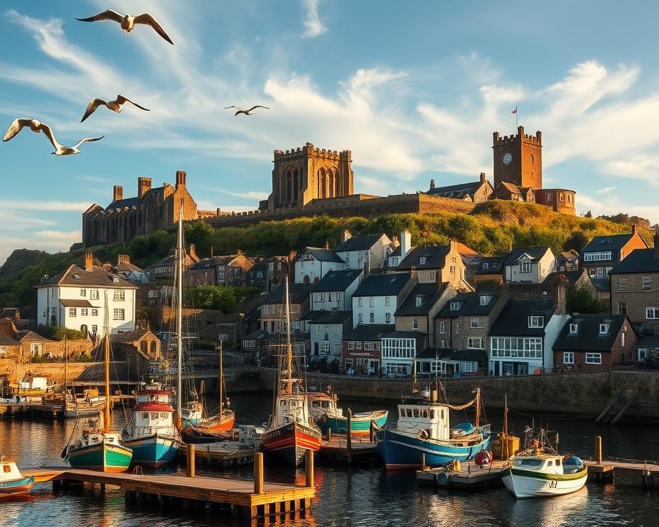 A picturesque seaside town nestled along the rugged North Yorkshire coast, Staithes and Whitby exude a timeless charm. In the foreground, a quaint harbor dotted with colorful fishing boats and wooden piers. Seagulls glide effortlessly overhead, while in the middle ground, traditional stone cottages and cobblestone streets climb the hillside. In the background, the imposing silhouette of Whitby Abbey, its Gothic architecture casting an ominous shadow over the tranquil scene. Warm afternoon sunlight filters through wispy clouds, illuminating the weathered facades and casting long shadows. The air is crisp with the salty tang of the sea, infusing the setting with a sense of rugged, coastal elegance.