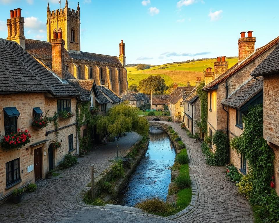 A quaint English village nestled in the rolling hills of Wiltshire, Lacock presents a picturesque scene. In the foreground, cobblestone streets wind past charming stone cottages with thatched roofs and flower-filled window boxes. Towering over the village, a magnificent medieval abbey stands tall, its gothic architecture bathed in soft, golden sunlight. In the middle ground, a babbling brook meanders through the center of town, its banks lined with weeping willows. In the distance, the rolling green hills of the countryside provide a tranquil backdrop, dotted with the silhouettes of grazing sheep. An atmosphere of timeless serenity and historic charm pervades this quintessential English village.