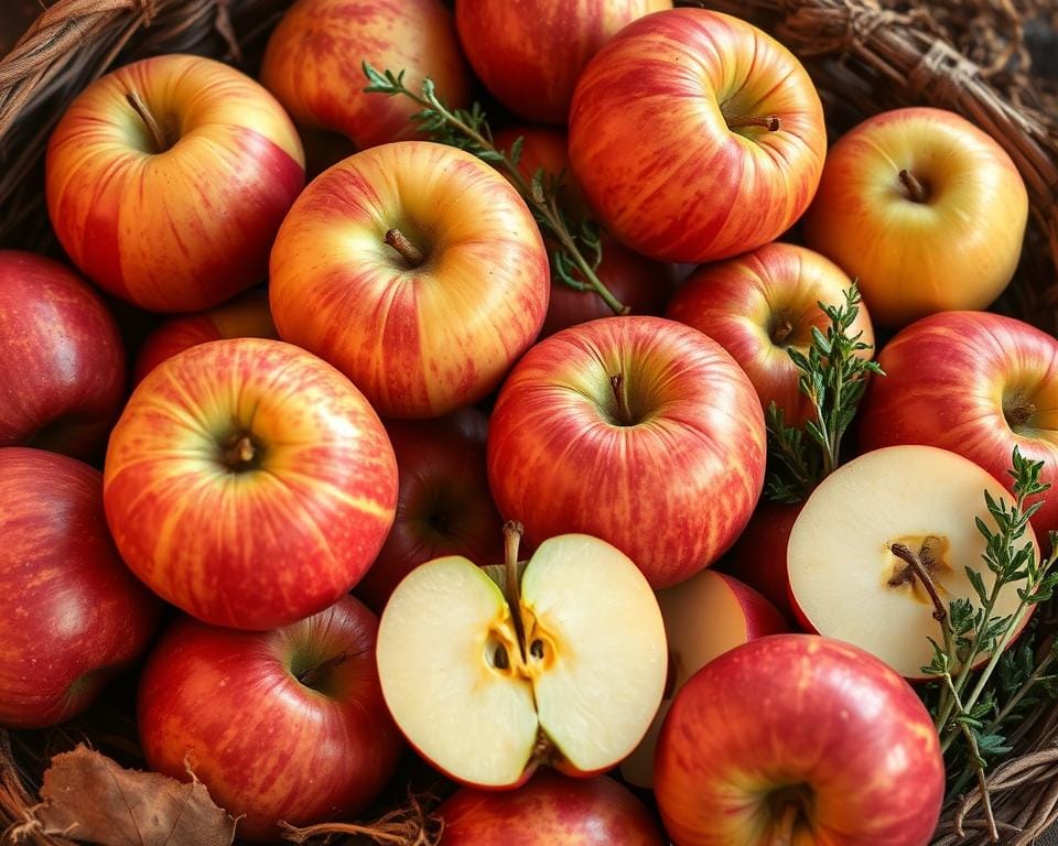 A rustic assortment of freshly picked apples, arranged in a natural, earthy setting. Warm, golden lighting casts a cozy glow, highlighting the rich hues and textured skins of the fruit. The apples are ripe and plump, some whole, others sliced, showcasing their juicy interiors. Surrounding the apples are a few sprigs of fresh herbs, complementing the autumnal palette. The overall scene conveys a sense of homemade comfort, perfect for a classic British apple crumble dessert. A rustic assortment of freshly picked apples, arranged in a natural, earthy setting. Warm, golden lighting casts a cozy glow, highlighting the rich hues and textured skins of the fruit. The apples are ripe and plump, some whole, others sliced, showcasing their juicy interiors. Surrounding the apples are a few sprigs of fresh herbs, complementing the autumnal palette. The overall scene conveys a sense of homemade comfort, perfect for a classic British apple crumble dessert.