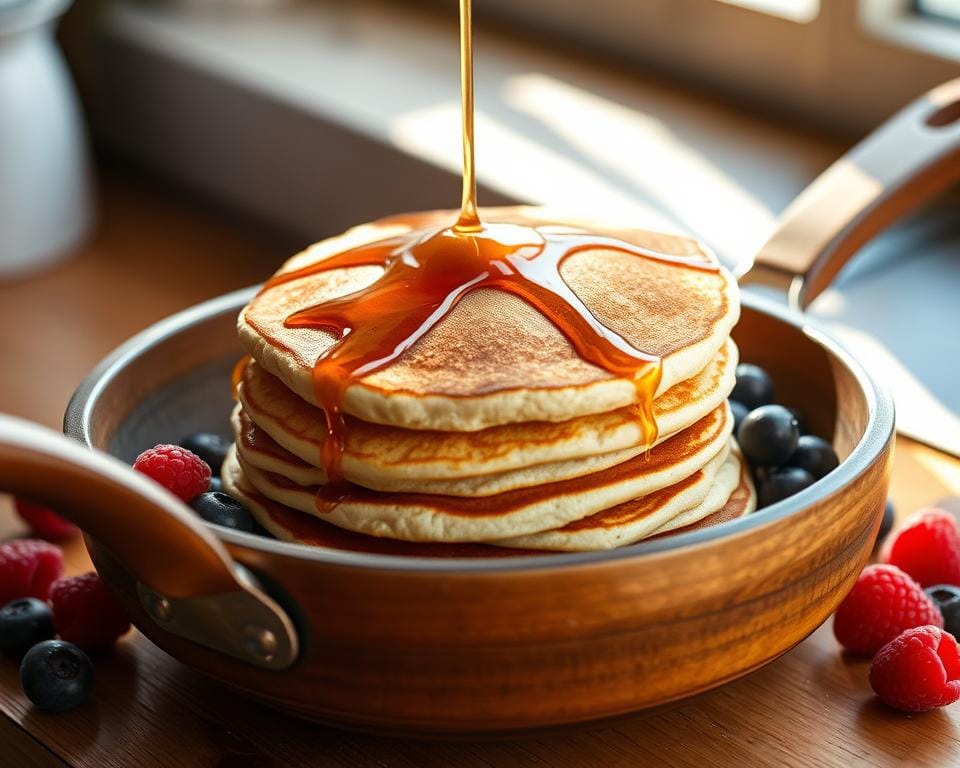 A rustic wooden pan sits on a cozy kitchen counter, filled with a stack of fluffy, golden-brown pancakes. Sunlight filters through the window, casting a warm glow on the scene. Delicate patterns of maple syrup drizzle across the top pancake, inviting a delicious taste. Fresh berries, such as plump blueberries and raspberries, are scattered around the pan, adding pops of color and a healthy, wholesome touch. The setting evokes a sense of comforting simplicity, perfect for a stress-free morning breakfast. A rustic wooden pan sits on a cozy kitchen counter, filled with a stack of fluffy, golden-brown pancakes. Sunlight filters through the window, casting a warm glow on the scene. Delicate patterns of maple syrup drizzle across the top pancake, inviting a delicious taste. Fresh berries, such as plump blueberries and raspberries, are scattered around the pan, adding pops of color and a healthy, wholesome touch. The setting evokes a sense of comforting simplicity, perfect for a stress-free morning breakfast.