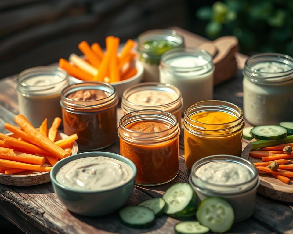 A rustic wooden table set with an assortment of dip jars, each brimming with vibrant, creamy dips. The jars are arranged in a casual, inviting manner, accompanied by an array of fresh, crunchy crudités - carrot sticks, celery, and crisp cucumber slices. The lighting is soft and natural, casting a warm glow on the scene, creating a cozy, welcoming atmosphere. The depth of field is slightly blurred, drawing the viewer's eye to the delectable dips. The overall composition evokes a relaxed, picnic-inspired mood, perfect for sharing with friends and family. A rustic wooden table set with an assortment of dip jars, each brimming with vibrant, creamy dips. The jars are arranged in a casual, inviting manner, accompanied by an array of fresh, crunchy crudités - carrot sticks, celery, and crisp cucumber slices. The lighting is soft and natural, casting a warm glow on the scene, creating a cozy, welcoming atmosphere. The depth of field is slightly blurred, drawing the viewer's eye to the delectable dips. The overall composition evokes a relaxed, picnic-inspired mood, perfect for sharing with friends and family.
