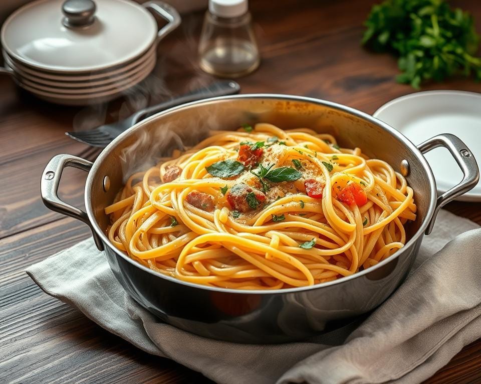 A steaming pot of perfectly al dente pasta, tossed with a rich, creamy sauce and garnished with fresh, vibrant herbs. The pasta strands glisten under soft, warm lighting, inviting the viewer to indulge in its comforting flavors. In the background, a wood-grain table sets a rustic, homey scene, while a simple white plate and fork await the dish, ready to be savored. The entire composition exudes a sense of cozy, effortless elegance, perfectly capturing the essence of a satisfying one-pan pasta dinner that everyone will love. A steaming pot of perfectly al dente pasta, tossed with a rich, creamy sauce and garnished with fresh, vibrant herbs. The pasta strands glisten under soft, warm lighting, inviting the viewer to indulge in its comforting flavors. In the background, a wood-grain table sets a rustic, homey scene, while a simple white plate and fork await the dish, ready to be savored. The entire composition exudes a sense of cozy, effortless elegance, perfectly capturing the essence of a satisfying one-pan pasta dinner that everyone will love.