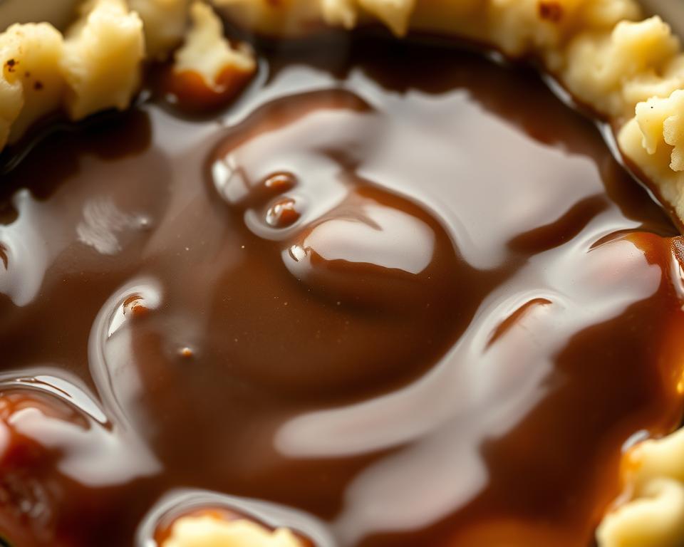 A sumptuous, glossy dark brown gravy, lovingly crafted to elevate a hearty plate of bangers and mashed potatoes. The gravy's velvety texture gleams under the soft, natural lighting, inviting the viewer to imagine its rich, savory flavors. Subtle wisps of steam rise from the gravy's surface, hinting at its piping hot temperature. The gravy is the centerpiece, framed by the rustic, earthen tones of the serving dish and the deep, comforting hues of the mashed potatoes surrounding it. This image captures the essence of a quintessential British comfort food dish, ready to be enjoyed with every bite. A sumptuous, glossy dark brown gravy, lovingly crafted to elevate a hearty plate of bangers and mashed potatoes. The gravy's velvety texture gleams under the soft, natural lighting, inviting the viewer to imagine its rich, savory flavors. Subtle wisps of steam rise from the gravy's surface, hinting at its piping hot temperature. The gravy is the centerpiece, framed by the rustic, earthen tones of the serving dish and the deep, comforting hues of the mashed potatoes surrounding it. This image captures the essence of a quintessential British comfort food dish, ready to be enjoyed with every bite.