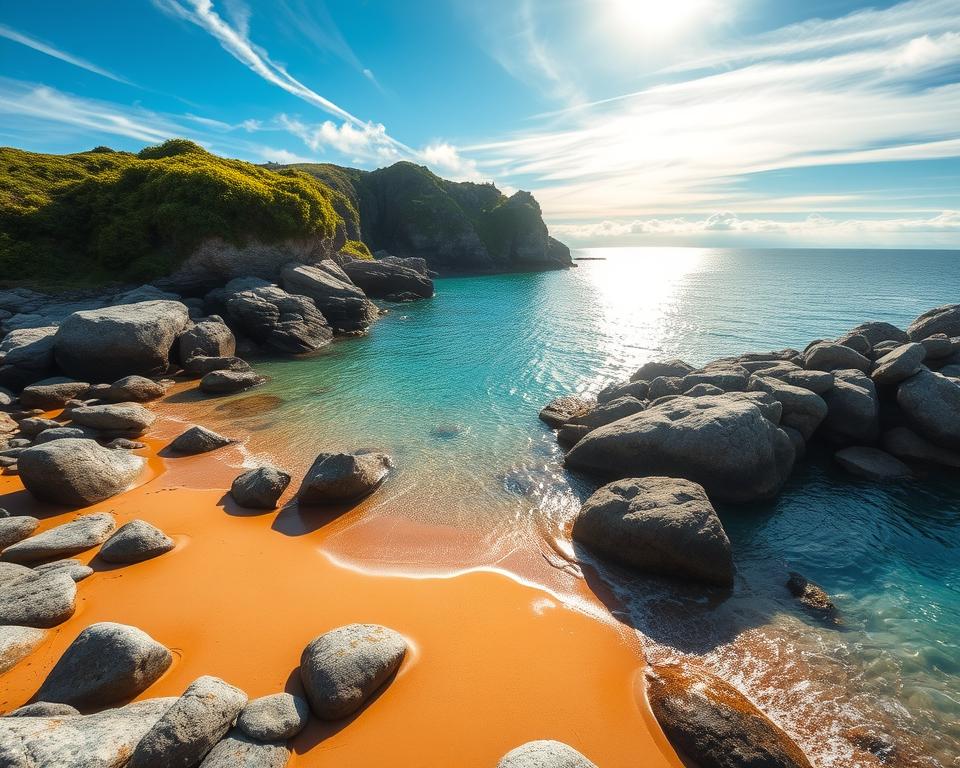 A tranquil cove on the Llyn Peninsula, with crystal-clear turquoise waters lapping gently against a crescent of golden sand. The sun's rays filter through wispy clouds, casting a warm, soft glow over the idyllic scene. Smooth, rounded boulders line the shore, their surfaces polished by the caress of the waves over time. Lush, verdant vegetation clings to the cliffs in the background, adding a touch of vibrant greenery to the serene landscape. A sense of peaceful solitude pervades the air, inviting the viewer to pause, breathe deeply, and savor the natural beauty of this hidden Welsh gem. A tranquil cove on the Llyn Peninsula, with crystal-clear turquoise waters lapping gently against a crescent of golden sand. The sun's rays filter through wispy clouds, casting a warm, soft glow over the idyllic scene. Smooth, rounded boulders line the shore, their surfaces polished by the caress of the waves over time. Lush, verdant vegetation clings to the cliffs in the background, adding a touch of vibrant greenery to the serene landscape. A sense of peaceful solitude pervades the air, inviting the viewer to pause, breathe deeply, and savor the natural beauty of this hidden Welsh gem.