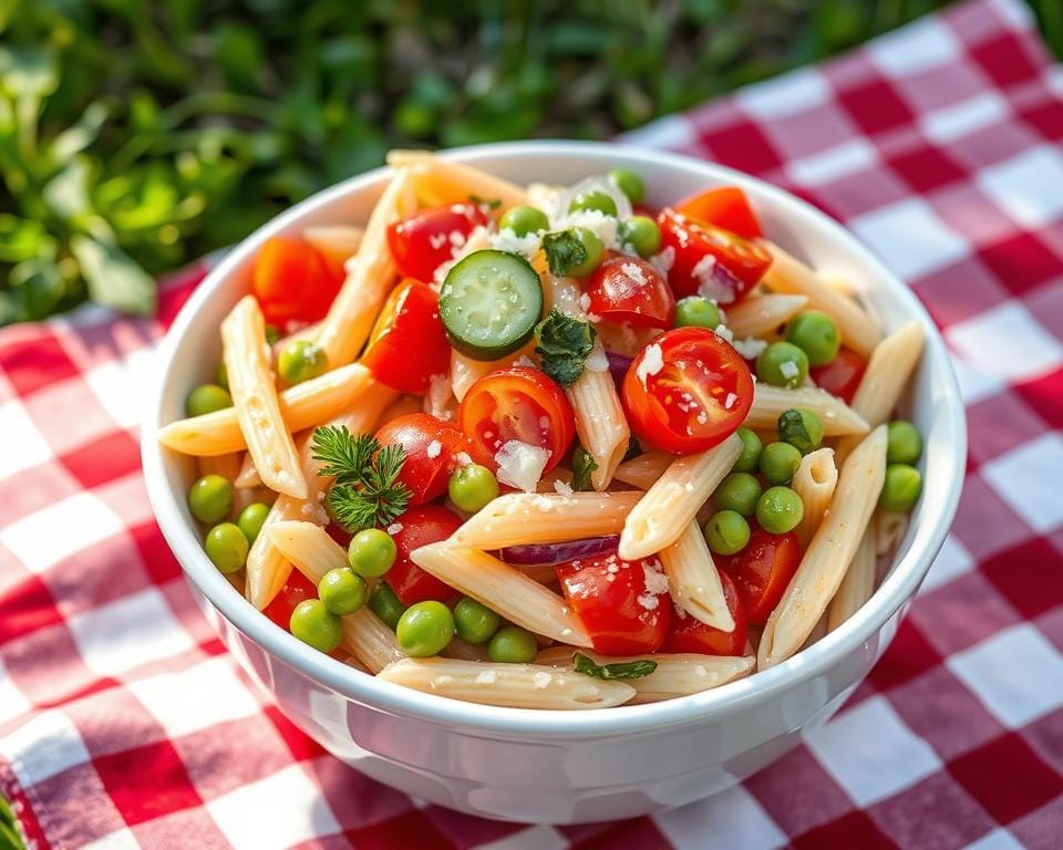 A vibrant and appetizing pasta salad, with freshly cooked penne noodles tossed in a tangy vinaigrette dressing. The salad is brimming with an array of colorful vegetables - crisp red bell peppers, juicy cherry tomatoes, crunchy cucumber slices, and tender green peas. Finely chopped red onion, parsley, and a sprinkle of Parmesan cheese add depth of flavor. The salad is presented in a white ceramic bowl, placed on a checkered picnic blanket, with a soft, natural lighting illuminating the scene. The overall mood is one of summer freshness, simplicity, and al fresco dining. A vibrant and appetizing pasta salad, with freshly cooked penne noodles tossed in a tangy vinaigrette dressing. The salad is brimming with an array of colorful vegetables - crisp red bell peppers, juicy cherry tomatoes, crunchy cucumber slices, and tender green peas. Finely chopped red onion, parsley, and a sprinkle of Parmesan cheese add depth of flavor. The salad is presented in a white ceramic bowl, placed on a checkered picnic blanket, with a soft, natural lighting illuminating the scene. The overall mood is one of summer freshness, simplicity, and al fresco dining.