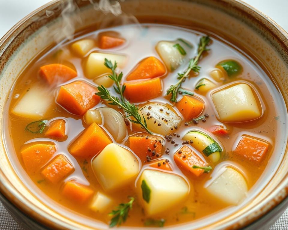 A vibrant vegetable soup simmering in a large ceramic bowl, its surface glistening with a light sheen of olive oil. Chunky pieces of carrots, potatoes, zucchini, and onions float in a rich, savory broth. Steam rises invitingly, hinting at the comforting aroma. Sprigs of fresh thyme and parsley add pops of green, while a generous sprinkle of cracked black pepper provides contrast. The bowl is set against a neutral background, allowing the soup to take center stage. Soft, diffused lighting casts a warm, cozy glow, creating an appetizing and welcoming scene that beckons the viewer to dive in and savor every spoonful. A vibrant vegetable soup simmering in a large ceramic bowl, its surface glistening with a light sheen of olive oil. Chunky pieces of carrots, potatoes, zucchini, and onions float in a rich, savory broth. Steam rises invitingly, hinting at the comforting aroma. Sprigs of fresh thyme and parsley add pops of green, while a generous sprinkle of cracked black pepper provides contrast. The bowl is set against a neutral background, allowing the soup to take center stage. Soft, diffused lighting casts a warm, cozy glow, creating an appetizing and welcoming scene that beckons the viewer to dive in and savor every spoonful.