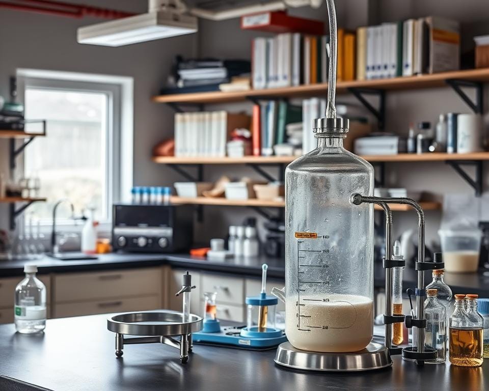 A well-lit laboratory workspace with various scientific equipment and glassware. In the foreground, a bubbling fermentation vessel sits on a sturdy lab bench, hinting at the fermentation process in progress. The middle ground features a selection of test tubes, pipettes, and other tools used for troubleshooting fermentation issues. The background showcases shelves stocked with reference books, safety equipment, and other resources. The overall atmosphere conveys a sense of organized investigation and problem-solving, with a clean, professional aesthetic. A well-lit laboratory workspace with various scientific equipment and glassware. In the foreground, a bubbling fermentation vessel sits on a sturdy lab bench, hinting at the fermentation process in progress. The middle ground features a selection of test tubes, pipettes, and other tools used for troubleshooting fermentation issues. The background showcases shelves stocked with reference books, safety equipment, and other resources. The overall atmosphere conveys a sense of organized investigation and problem-solving, with a clean, professional aesthetic.