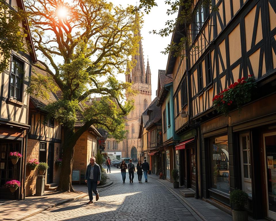 Cobblestone streets wind through a quaint village, lined with charming timber-framed buildings and colorful flower boxes. Warm sunlight filters through the canopy of ancient oak trees, casting a golden glow across the scene. In the distance, the iconic tower of a medieval church rises above the rooftops, its weathered spire a testament to the village's rich history. Pedestrians stroll leisurely, pausing to admire the intricate architectural details and quaint shop windows. The atmosphere is one of timeless tranquility, where the pace of life seems to slow, inviting visitors to immerse themselves in the picturesque charm of this storybook setting.