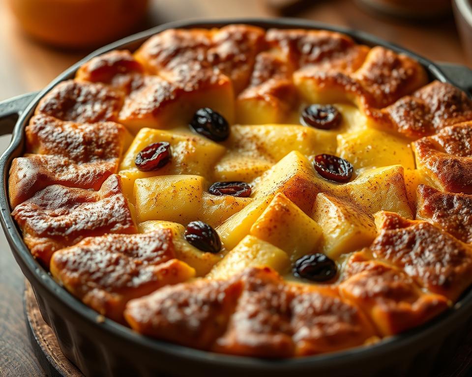 Delectable bread and butter pudding, its golden-brown crust glistening under the warm kitchen light. Thick slices of buttery brioche or soft, pillowy panettone layered with a rich custard, dotted with plump raisins, and sprinkled with a dusting of cinnamon. The inviting aroma fills the air, beckoning you to dive into this comforting, traditional British dessert. Captured from a high angle, the pudding rests in a rustic baking dish, its layers visible, ready to be scooped and savored. Soft, creamy, and indulgent, this homemade bread and butter pudding is the ultimate in nostalgic, heartwarming delight. Delectable bread and butter pudding, its golden-brown crust glistening under the warm kitchen light. Thick slices of buttery brioche or soft, pillowy panettone layered with a rich custard, dotted with plump raisins, and sprinkled with a dusting of cinnamon. The inviting aroma fills the air, beckoning you to dive into this comforting, traditional British dessert. Captured from a high angle, the pudding rests in a rustic baking dish, its layers visible, ready to be scooped and savored. Soft, creamy, and indulgent, this homemade bread and butter pudding is the ultimate in nostalgic, heartwarming delight.