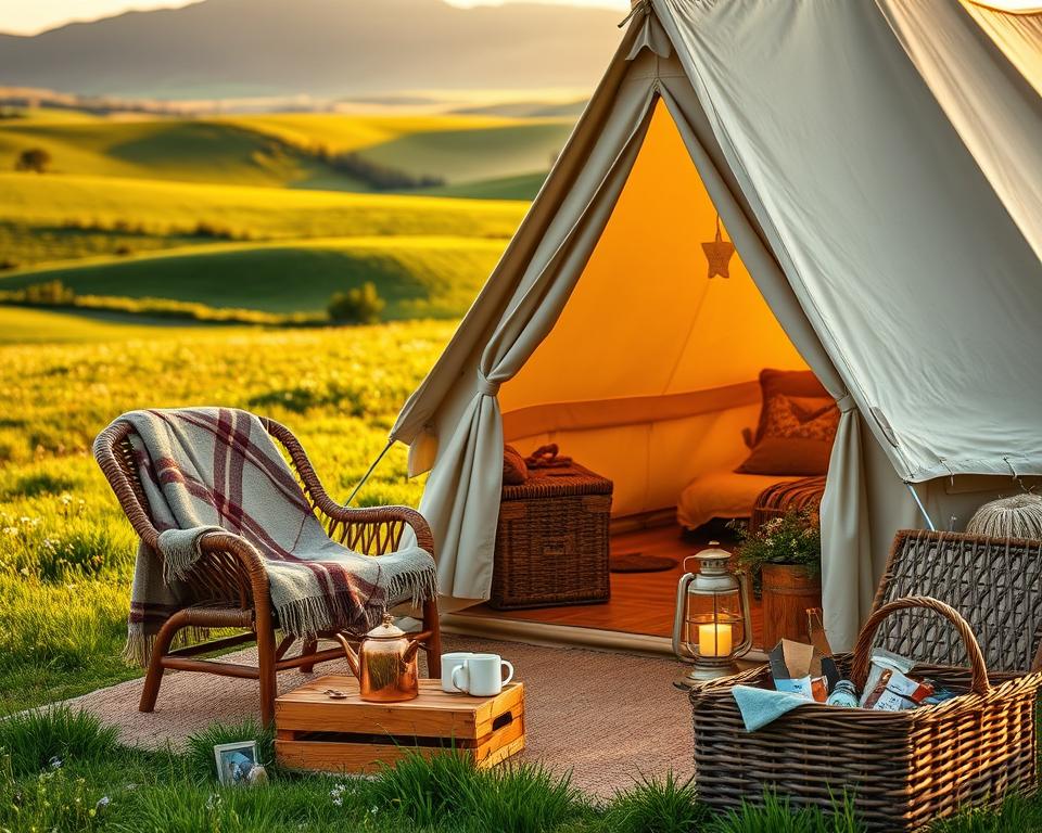 Glamping essentials in a cozy outdoor scene: a lush green meadow with wildflowers and rolling hills in the background, bathed in warm, golden afternoon sunlight. In the foreground, an elegant bell tent with a rustic wooden frame and a canvas exterior, surrounded by thoughtfully arranged items - a wool blanket draped over a wicker chair, a copper kettle and mugs on a wooden crate, a lantern glowing softly, and a picnic basket overflowing with provisions. The overall atmosphere evokes a sense of comfort, relaxation, and a touch of luxury amidst nature. Glamping essentials in a cozy outdoor scene: a lush green meadow with wildflowers and rolling hills in the background, bathed in warm, golden afternoon sunlight. In the foreground, an elegant bell tent with a rustic wooden frame and a canvas exterior, surrounded by thoughtfully arranged items - a wool blanket draped over a wicker chair, a copper kettle and mugs on a wooden crate, a lantern glowing softly, and a picnic basket overflowing with provisions. The overall atmosphere evokes a sense of comfort, relaxation, and a touch of luxury amidst nature.
