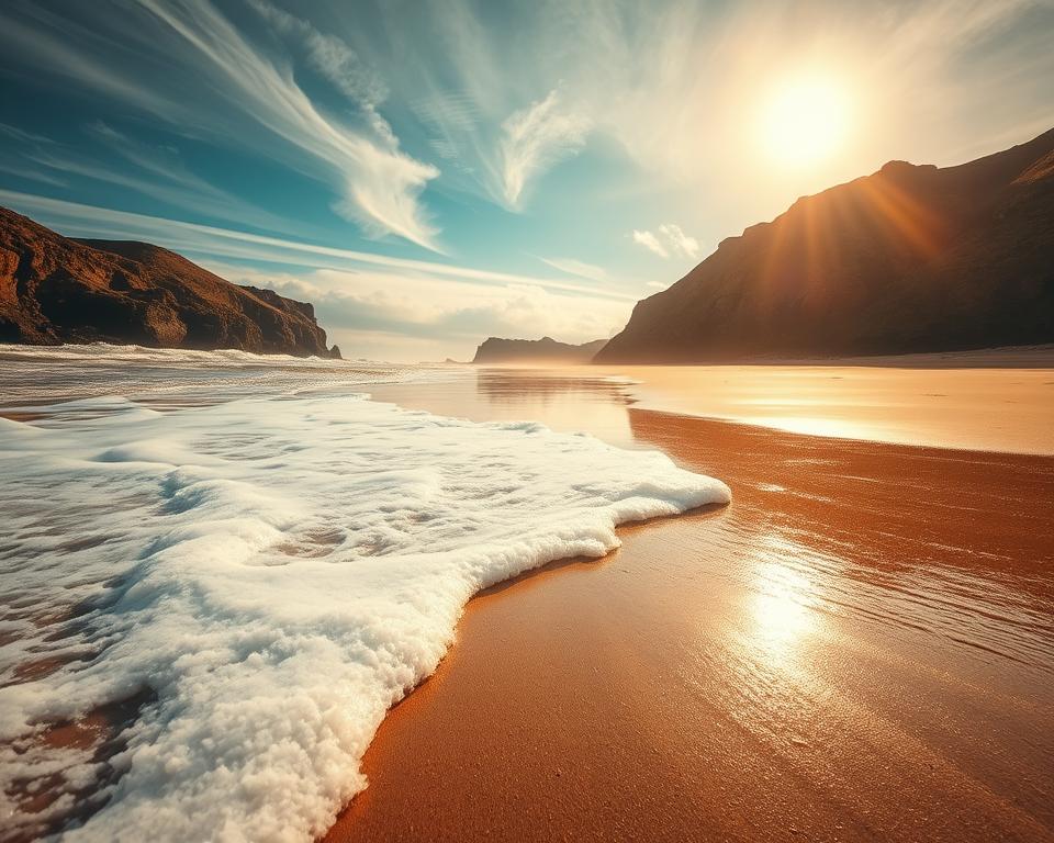 a dramatic, wide-angle shot of an incoming tide on a secluded beach in Wales, with the sun low in the sky casting warm, golden light over the scene. The foreground features the foamy, crashing waves lapping at the wet sand, while the middle ground shows a gently sloping beach leading up to rugged, rocky cliffs in the background. The sky is filled with soft, wispy clouds, adding to the serene and peaceful atmosphere. The overall mood is one of tranquility and natural beauty, perfectly capturing the essence of Wales' hidden beach escapes at the best time of day. a dramatic, wide-angle shot of an incoming tide on a secluded beach in Wales, with the sun low in the sky casting warm, golden light over the scene. The foreground features the foamy, crashing waves lapping at the wet sand, while the middle ground shows a gently sloping beach leading up to rugged, rocky cliffs in the background. The sky is filled with soft, wispy clouds, adding to the serene and peaceful atmosphere. The overall mood is one of tranquility and natural beauty, perfectly capturing the essence of Wales' hidden beach escapes at the best time of day.