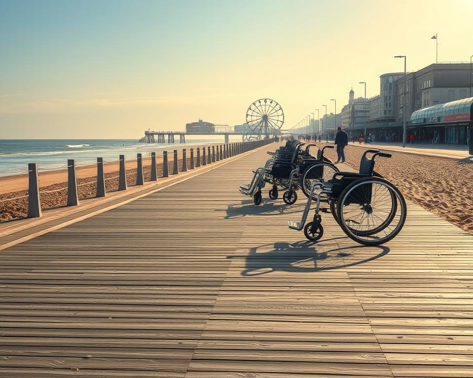 A picturesque seafront promenade stretches along the Brighton coastline, where sleek, modern beach wheelchairs stand ready to grant easy access to the golden sands. Sunlight dances across the smooth, weathered wood of the boardwalk, inviting visitors to explore the scenic seaside. In the middle distance, the iconic Brighton Pier rises majestically, its colorful amusement rides and attractions visible in the background. The scene exudes a sense of inclusivity and accessibility, with the beach wheelchairs seamlessly blending into the tranquil coastal landscape, ready to enable all visitors to fully experience the beauty of the British seaside.