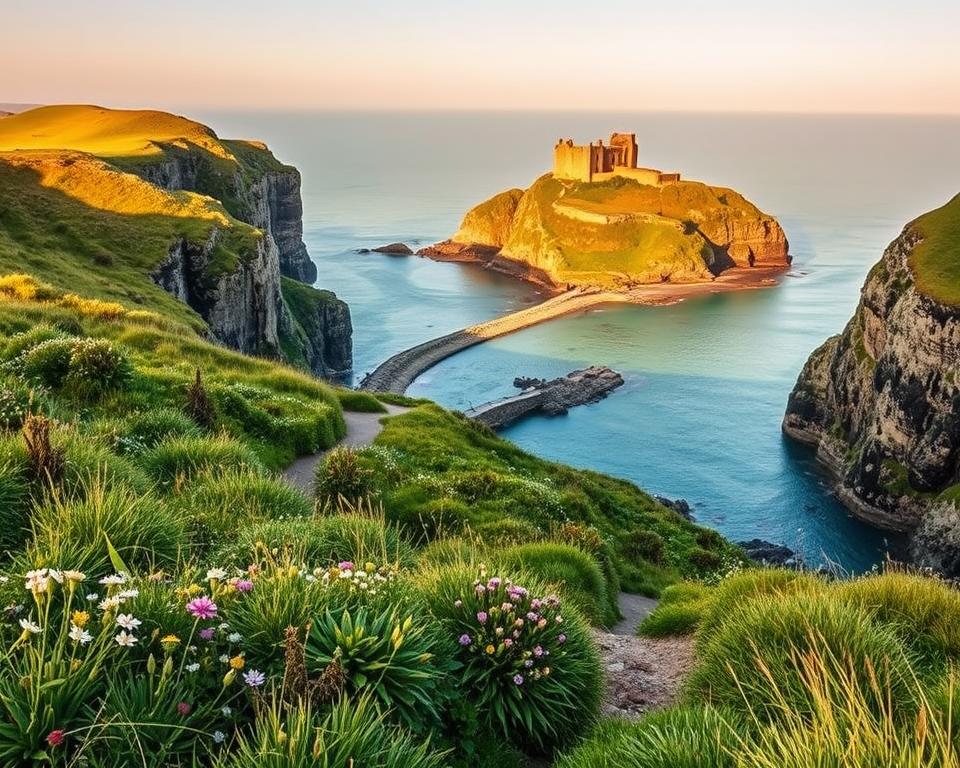 Pembrokeshire coastal panorama: sweeping vistas of dramatic cliffs, windswept meadows, and tranquil coves. In the foreground, lush greenery and wildflowers frame a rugged path winding along the shore. The middle ground showcases a picturesque castle perched atop a rocky headland, its ancient stonework glowing in the warm sunlight. The background opens up to reveal the vast expanse of the Irish Sea, its azure waters meeting the hazy horizon. Soft, natural lighting casts a serene, golden glow over the entire scene, evoking a sense of timeless beauty and adventure. The composition captures the quintessential charm and natural wonders of Pembrokeshire, inviting the viewer to explore its coastal trails, discover its historic landmarks, and immerse themselves in the tranquility of this remarkable region.