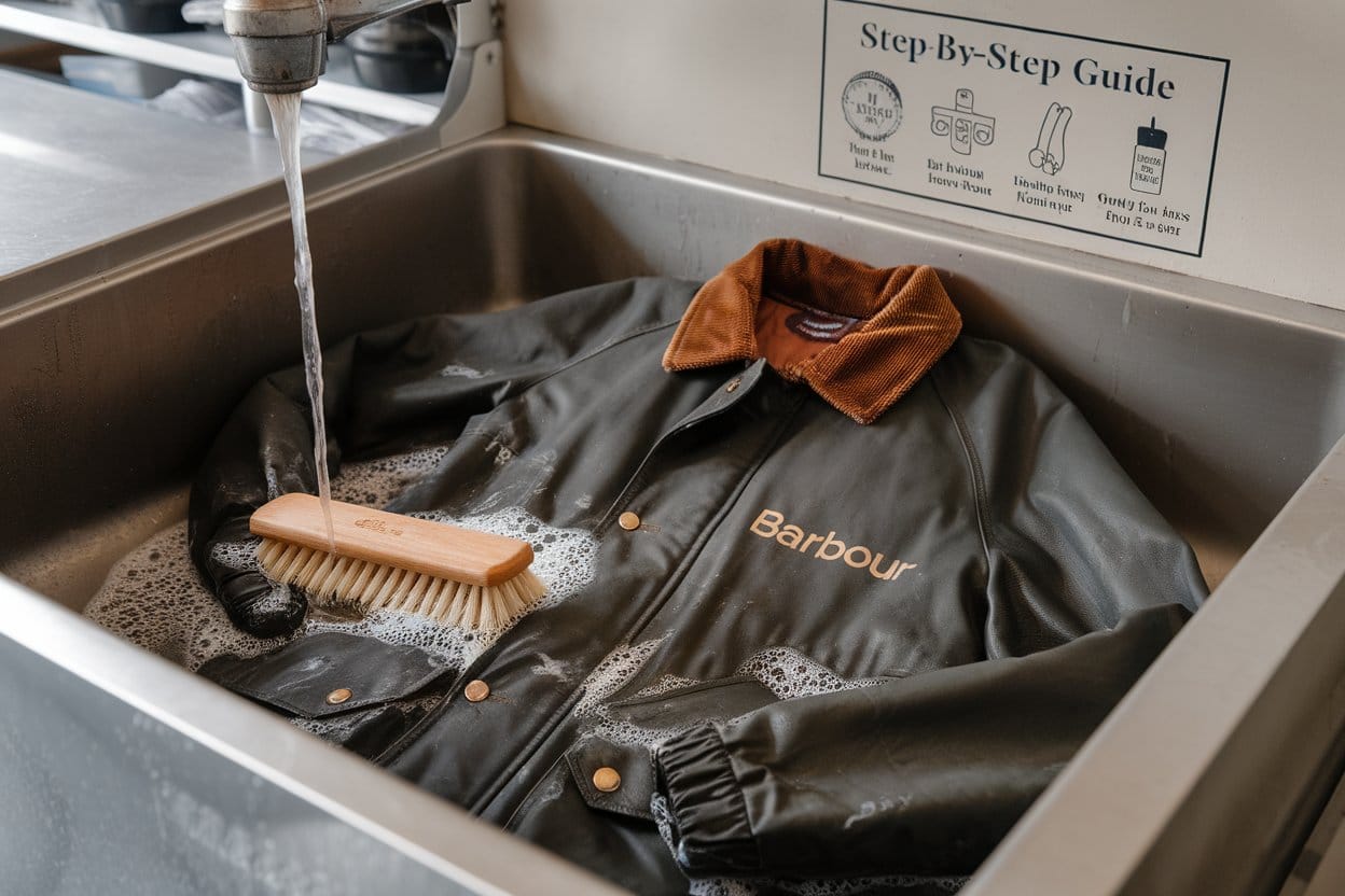 A Barbour jacket being gently hand-washed in a large sink, with soap and soft-bristled brush in view. The image could have a step-by-step guide feel, making it instructional.