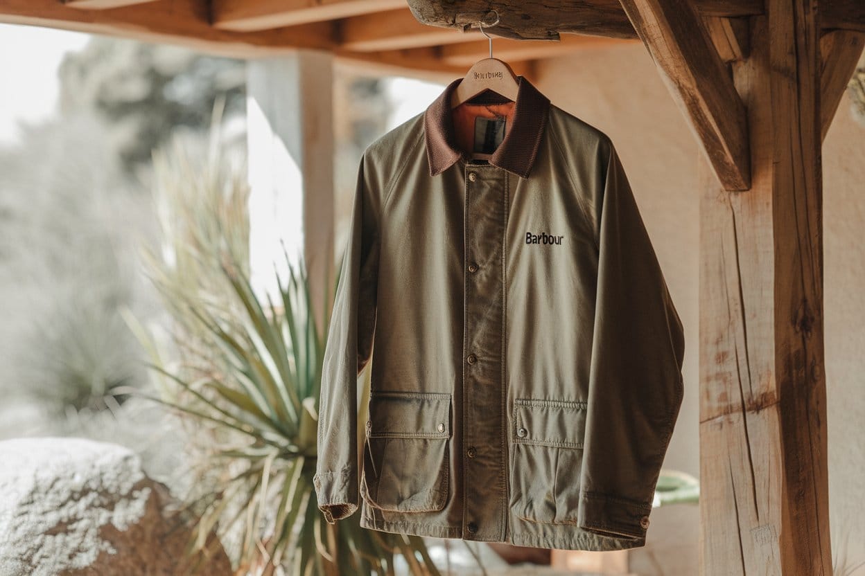 A Barbour jacket hung on a sturdy wooden hanger, with natural light streaming in, emphasizing air drying. The background could include natural outdoor elements, indicating the jacket's outdoor use.