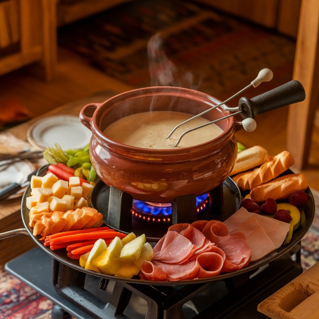 A bubbling pot of classic Swiss cheese fondue, surrounded by dippers like bread cubes, blanched veggies, cured meats, and sliced fruits. Photographed on a wooden table in warm lighting using a Canon EOS R5 with a 50mm lens to capture the creamy texture and cozy atmosphere.