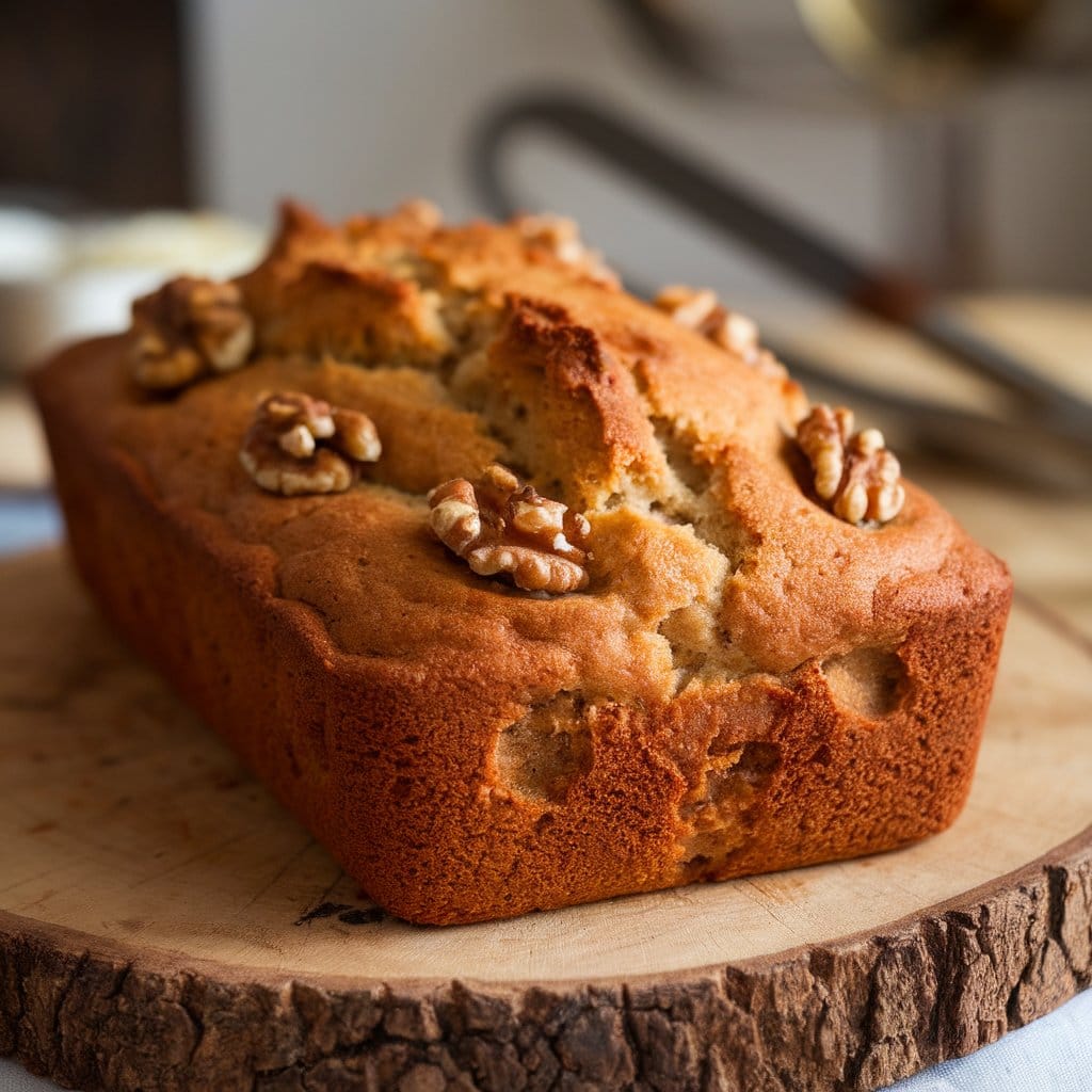 A freshly baked banana and walnut loaf on a rustic wooden board