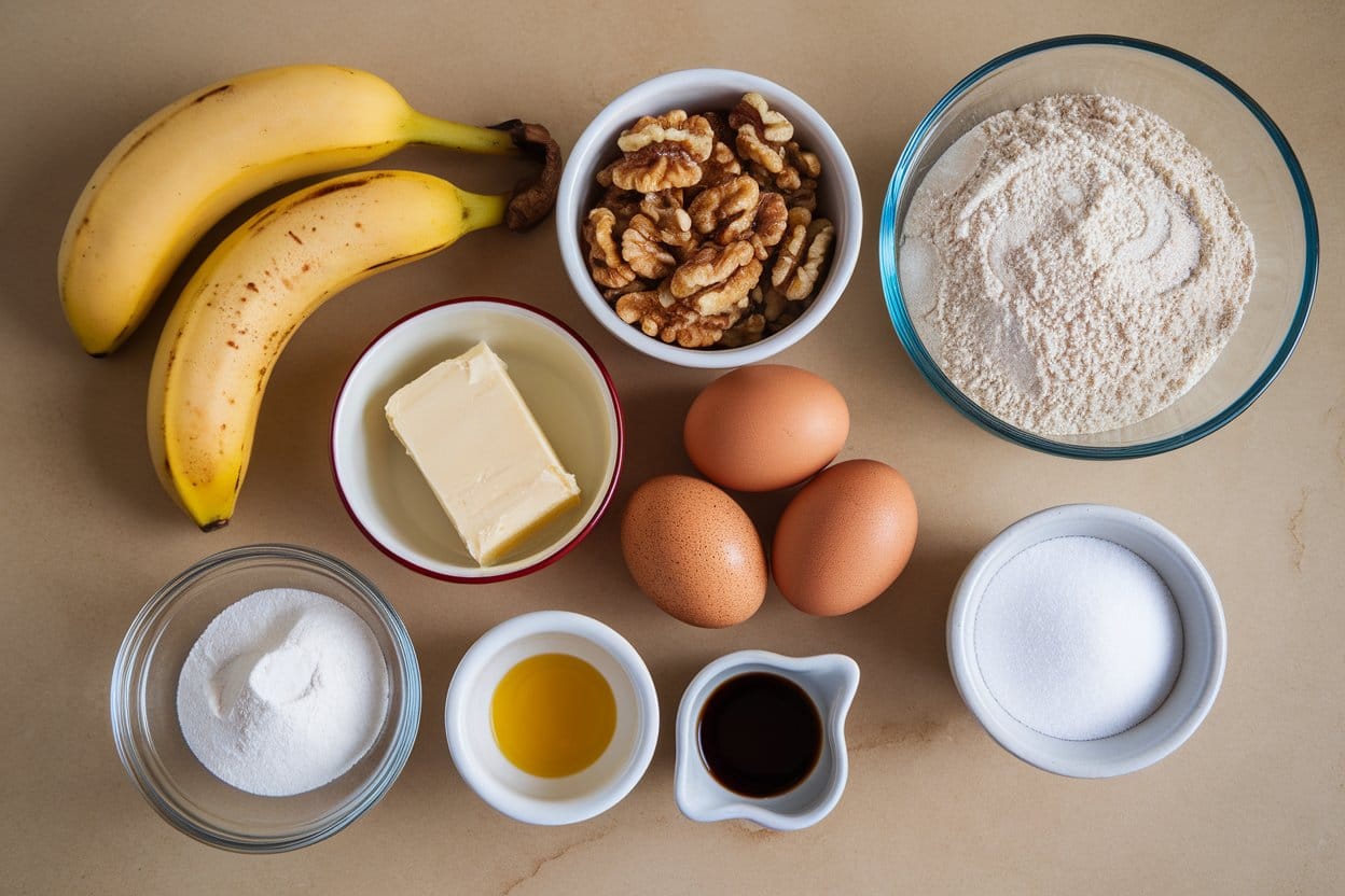 ingredients for banana walnut loaf including bananas, walnuts, butter, eggs, flour